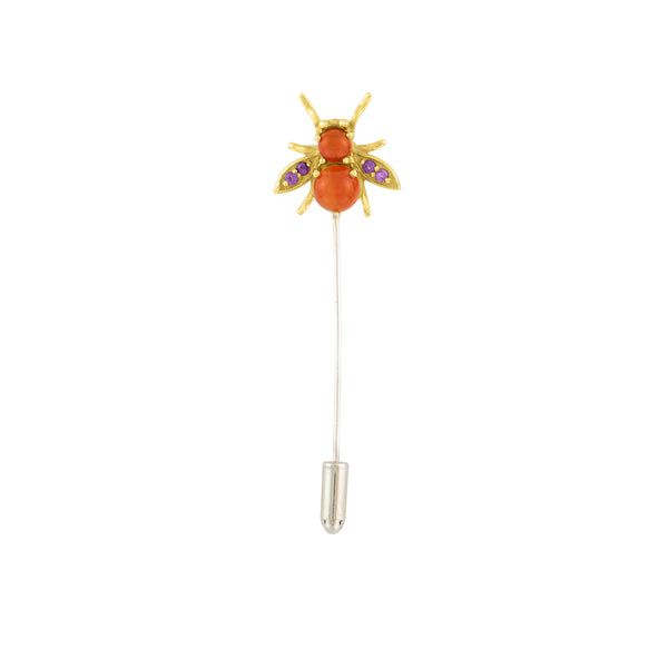 Jeweled Cornu Stick Pin - Carnelian & Amethyst