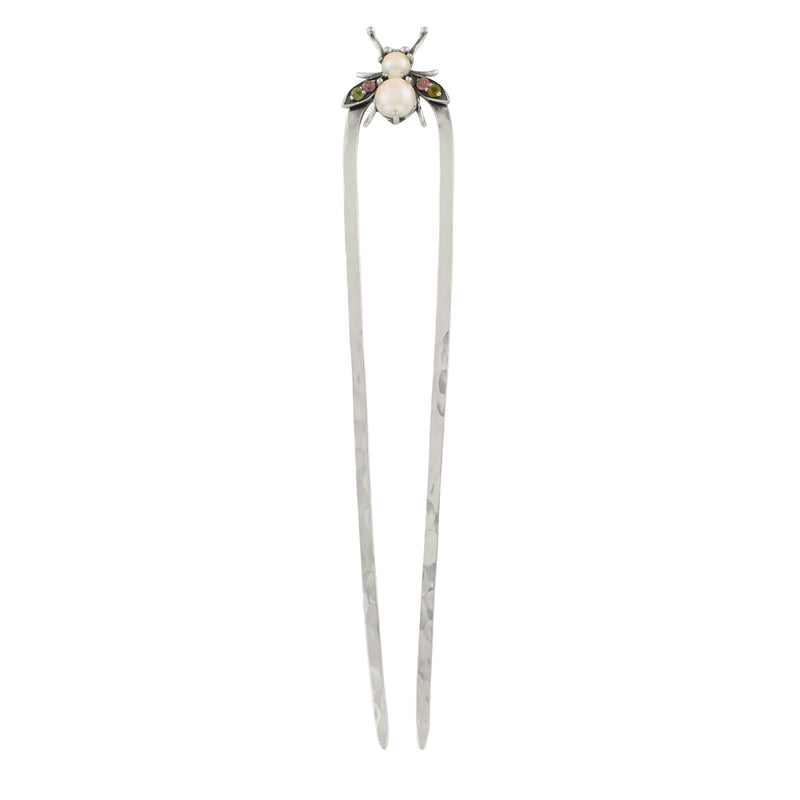 Jeweled Cornu Hair Pin in Pearl & Tourmaline