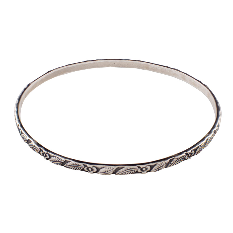 Tooled Sterling Bangle - Flower & Leaf Pattern