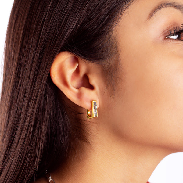 Rectangle Stone Clicker Hoops in Labradorite & Gold