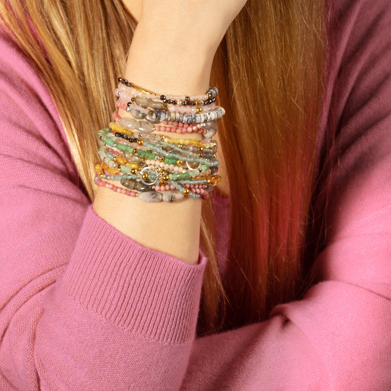 Pyrite's Booty Bracelet in Rose Quartz & Rhodonite with Linked Rings