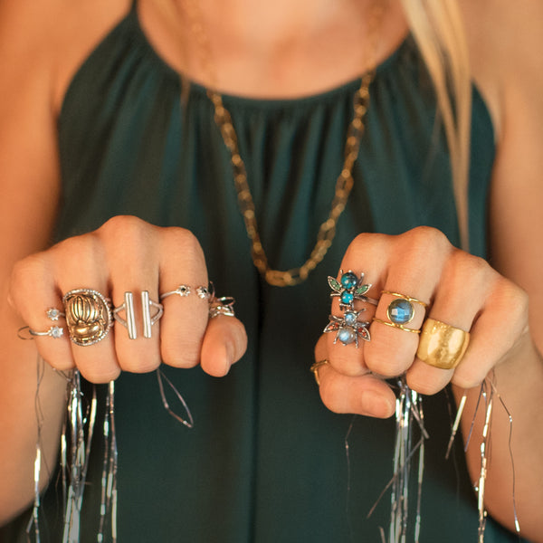 Jeweled Cornu Ring in Labradorite and Garnet