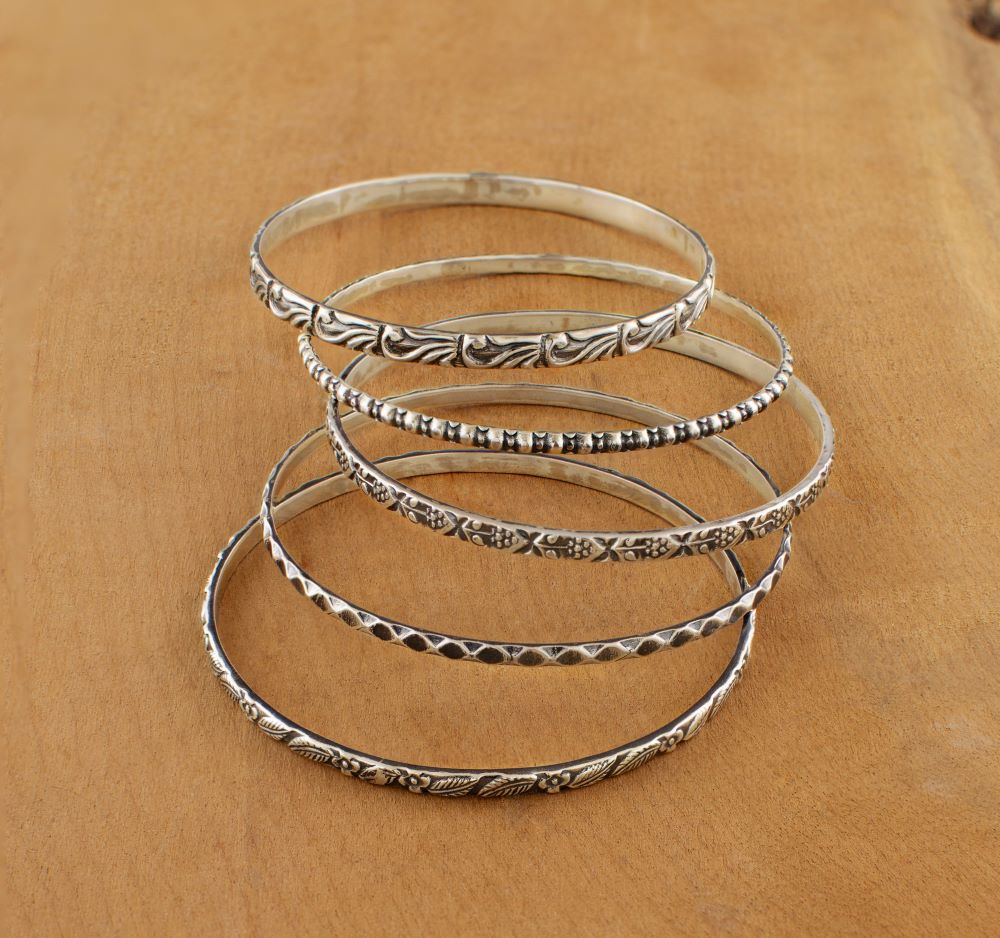 Tooled Sterling Bangle - Flower & Leaf Pattern | Available to Ship October 21, 2026