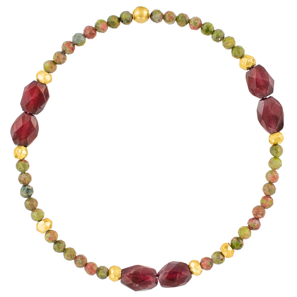 Pyrite's Booty Bracelet - Unakite and Garnet Faceted Oval